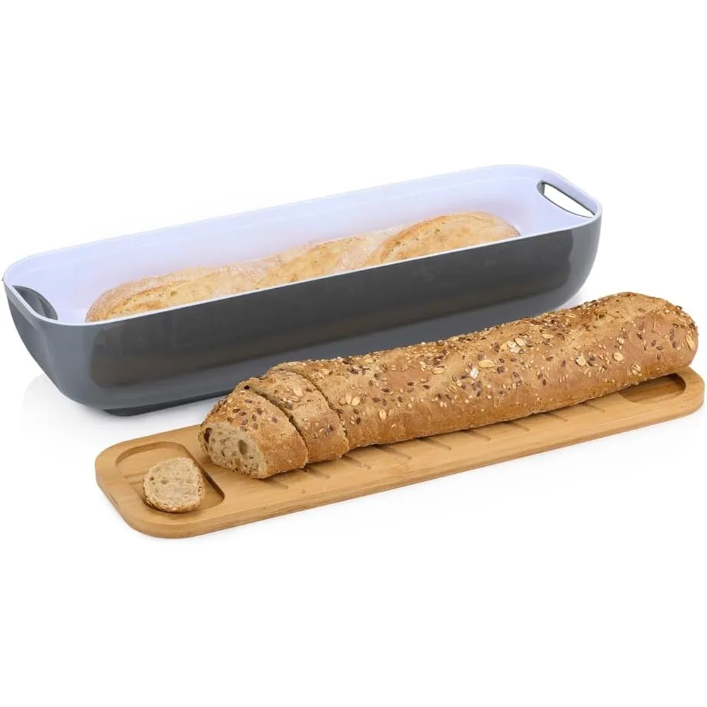 Portapane con Coperchio per Baguette Tagliere in Legno Bambù Manici 40x12x8.5 cm (1)