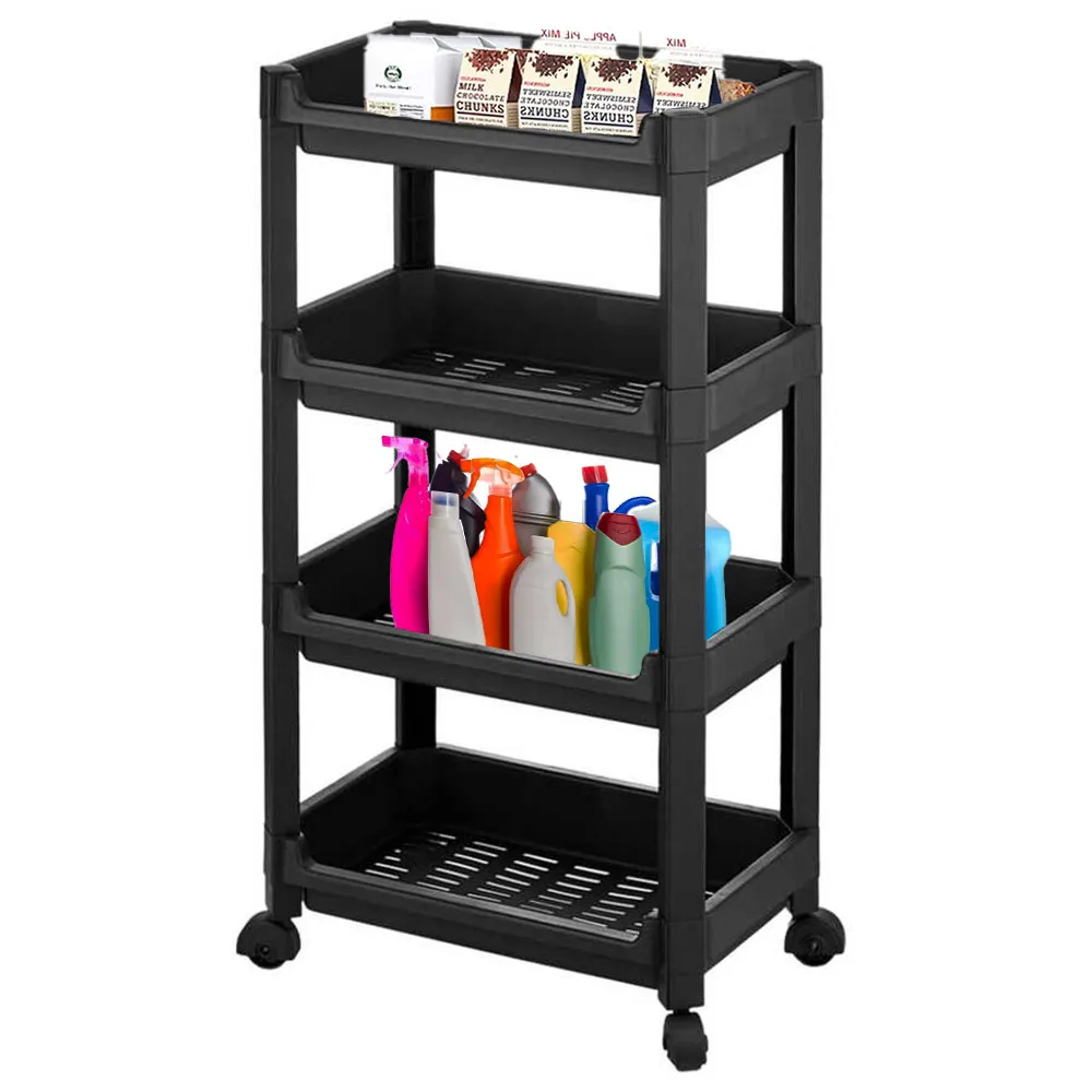 Carrello Salvaspazio Cucina Bagno Scaffale Portaoggetti Multiuso Nero 4 Ripiani (1)