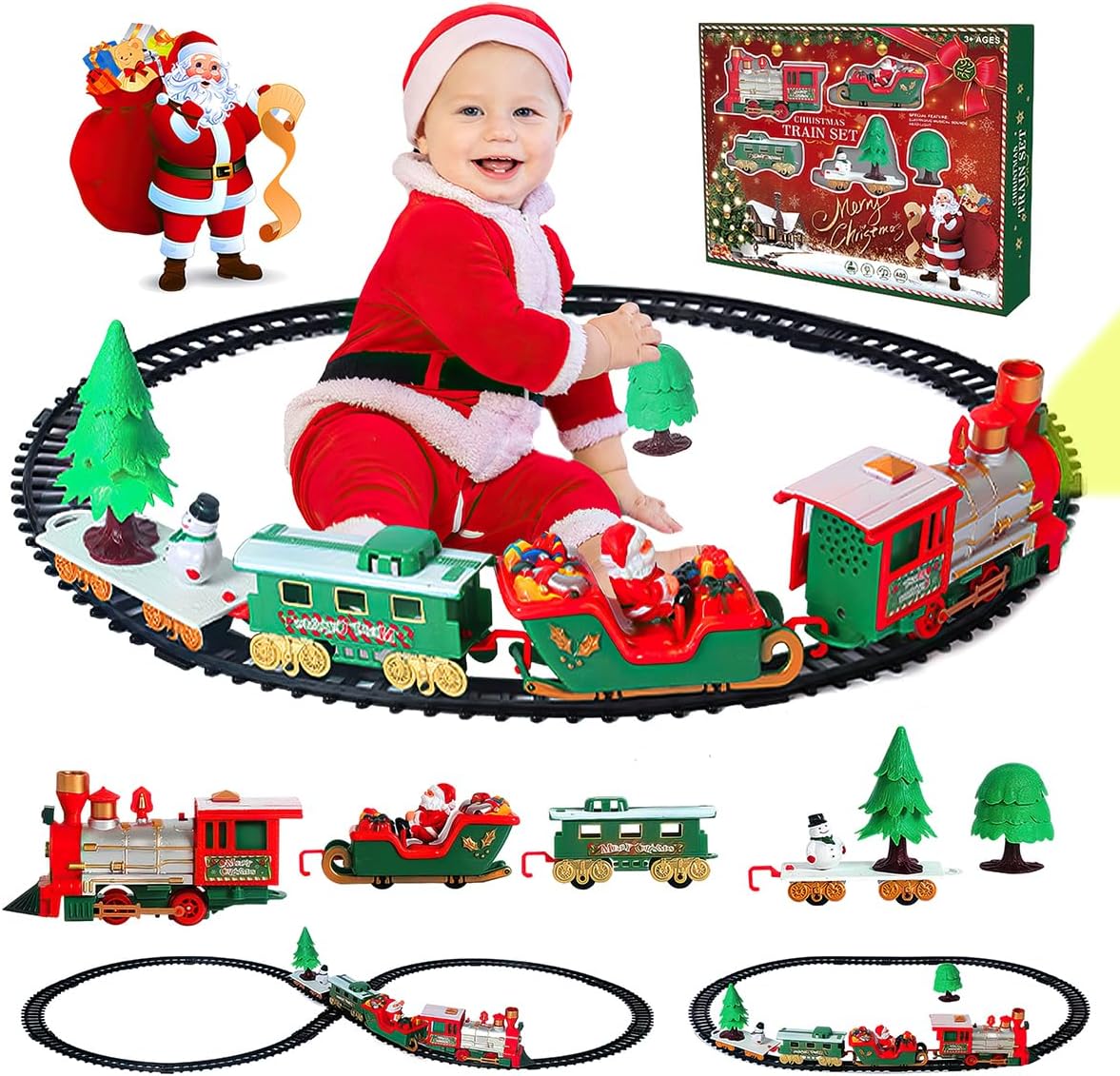 Trenino Natalizio Sotto Albero 22 Pezzi Locomotiva Luci Suoni Slitta Babbo Natale (1)