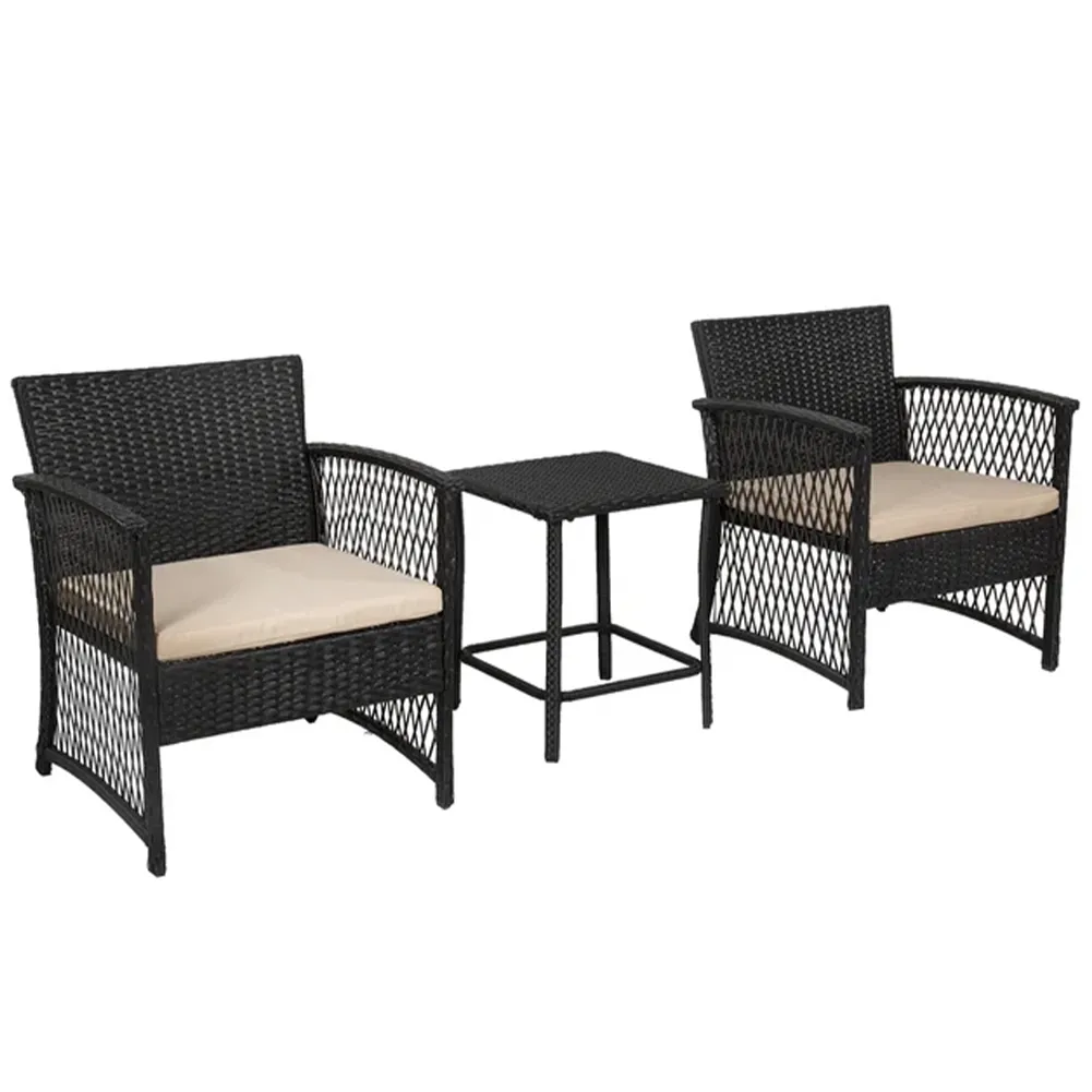 Set 3 Pezzi in Polyrattan da Esterno Giardino con 2 Sedie 1 Tavolo Nero e Beige (1)