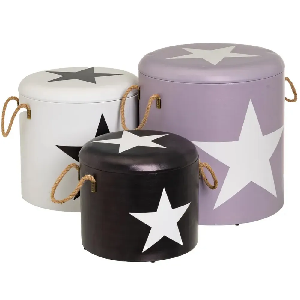 Set 3 Pouf Bauli Contenitori Star Poggiapiedi Capiente Coperchio Rimovibile (1)