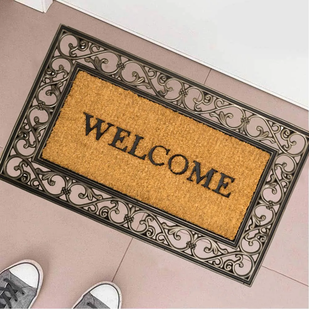 Tappeto Zerbino Rettangolare Welcome In Fibra Di Cocco 45 x 75 cm Beige e Marrone (1)