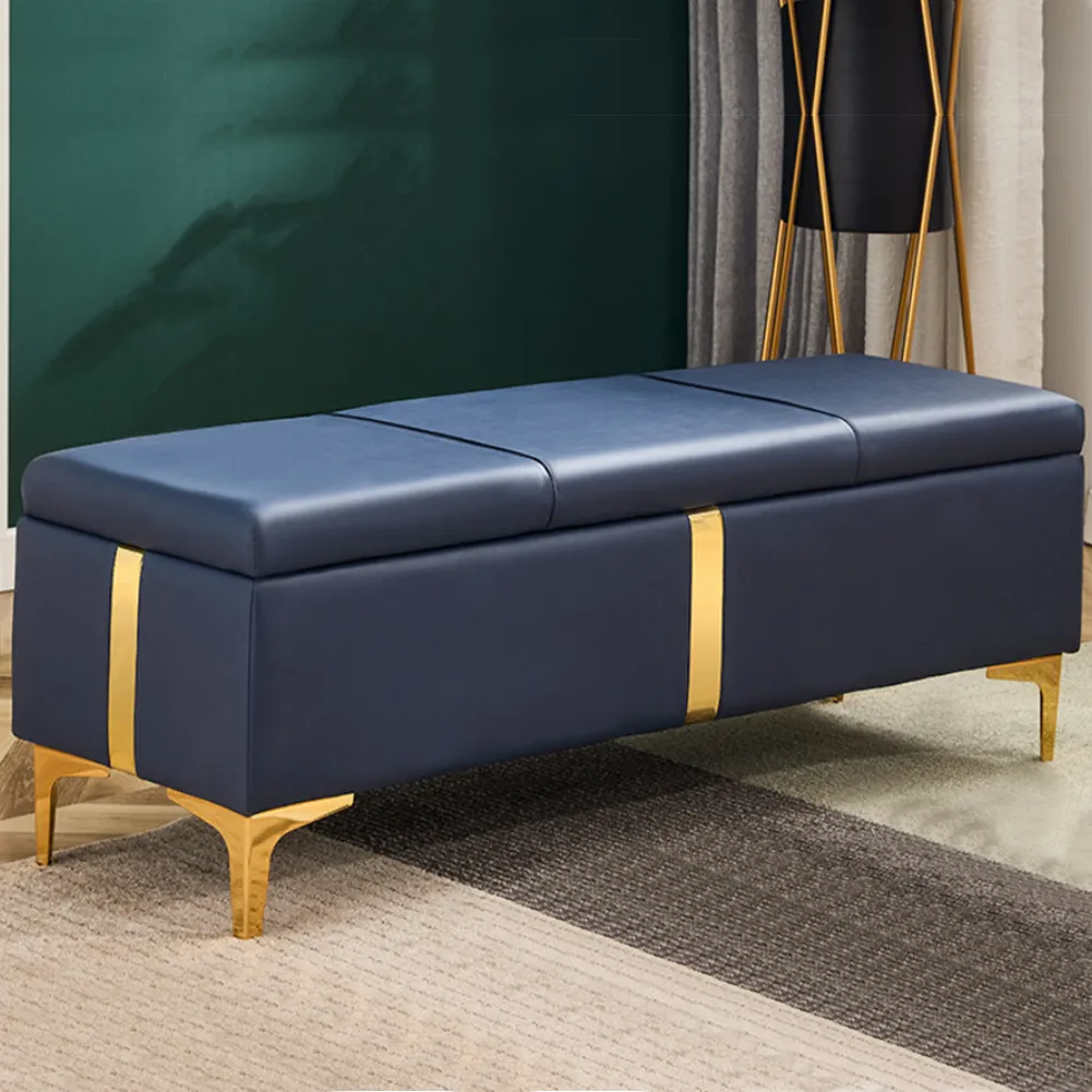 Cassapanca Contenitore Blu in Ecopelle con Piedini in Metallo Oro Panca Pouf (1)