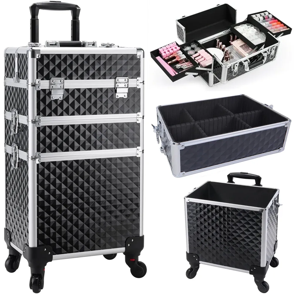 Trolley Makeup 3in1 Valigetta Nera Trucco Estetista Beauty Case Ruote Staccabili (1)