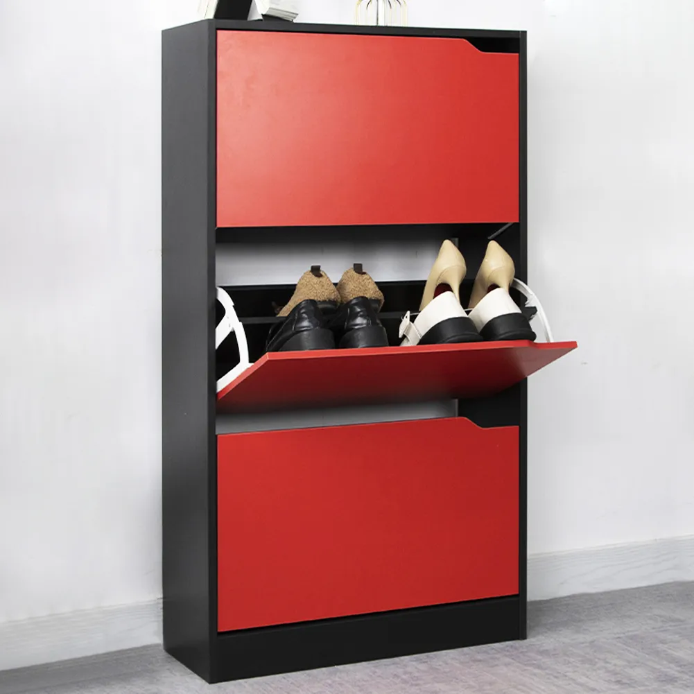 Scarpiera 3 Ante Ripiani Doppia Profondità Porta Scarpe Rosso e Nero 63x24x115cm (1)