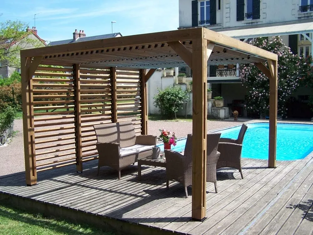 Pergola in Legno Trattato Alta Temperatura con Veneziane Mobili sul Tetto + Parete 341x313xh217 (1)