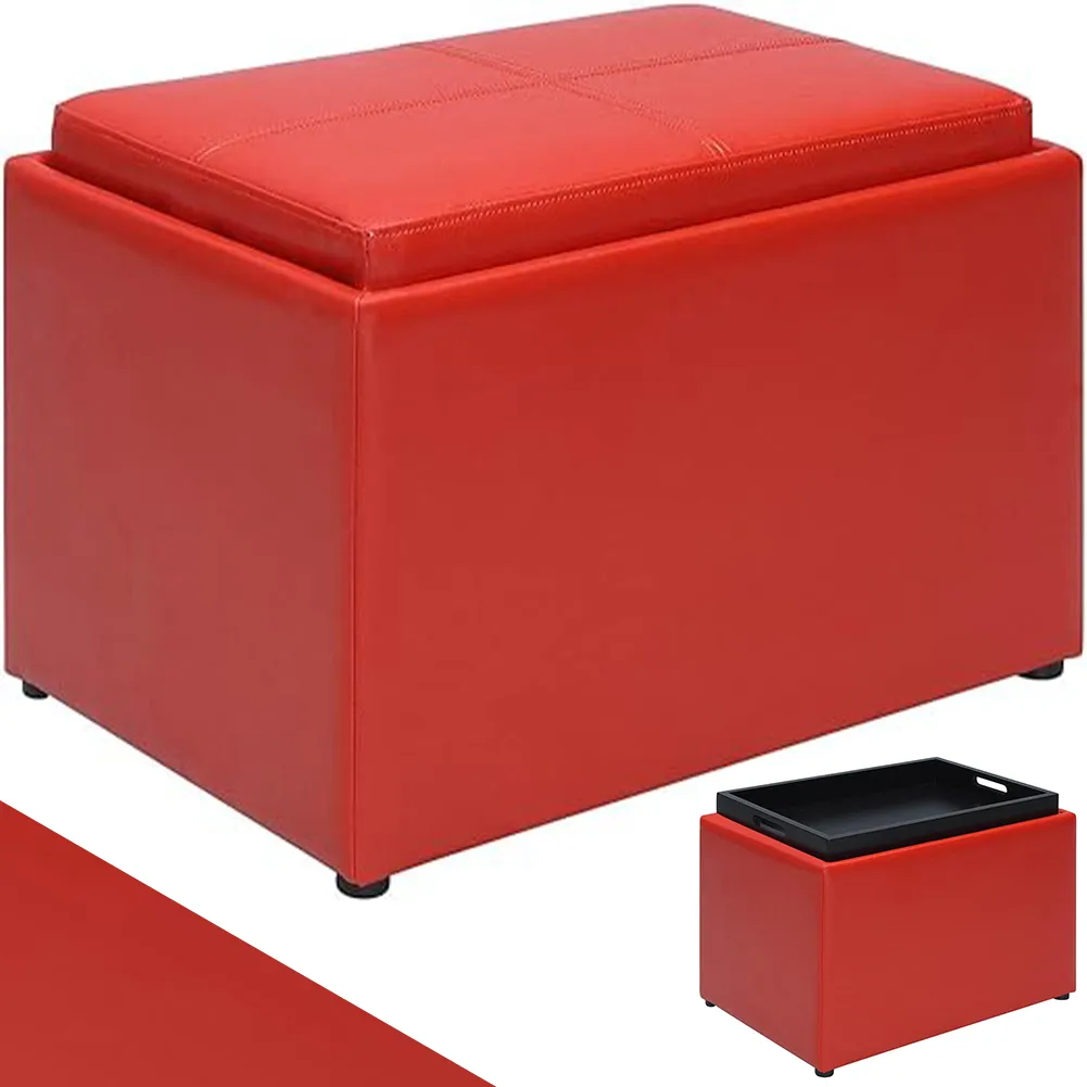 Pouf Contenitore Poggiapiedi Ecopelle Rosso Sgabello Seduta Scomparto Versatile (1)