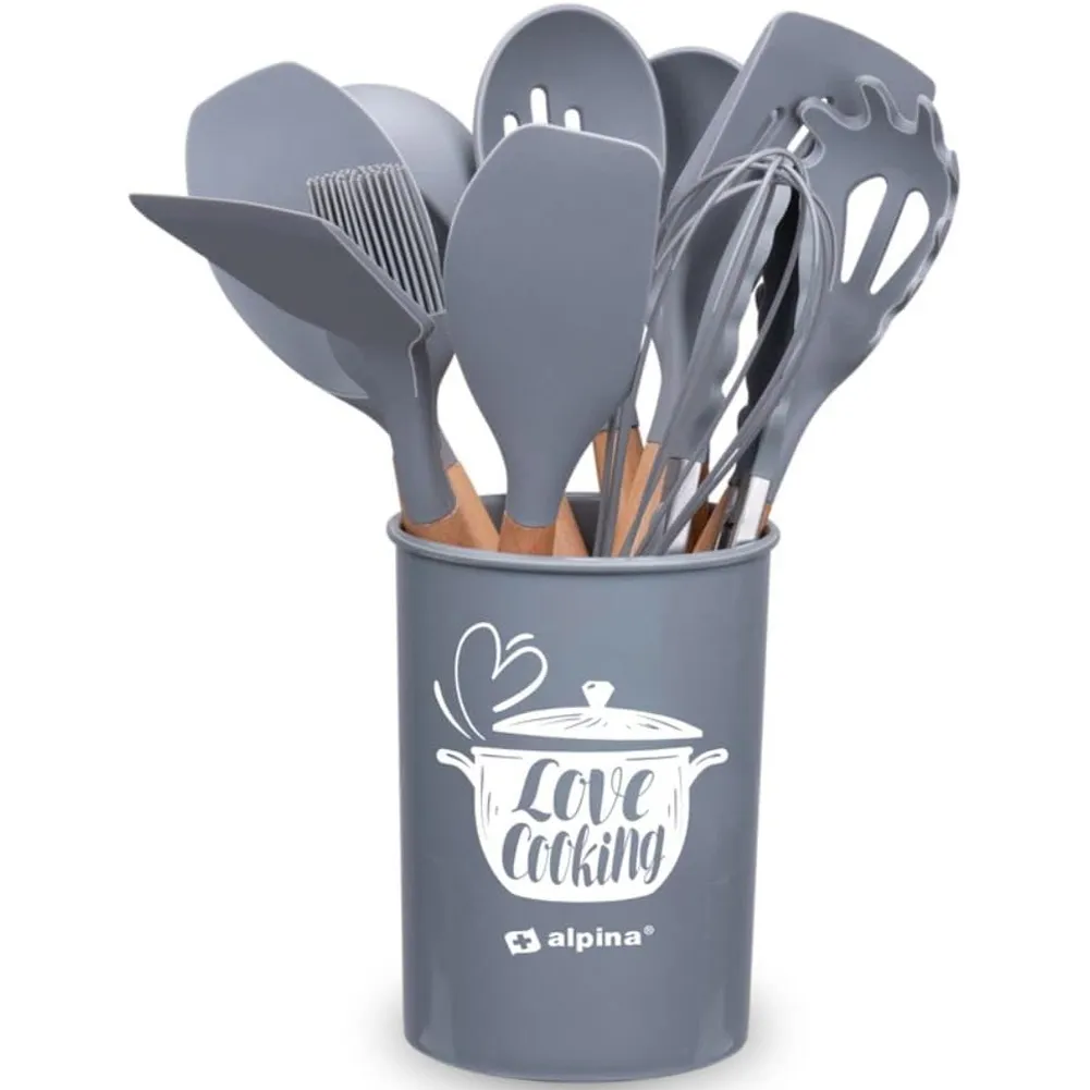 Set Utensili da Cucina Grigio e Supporto 12 Pezzi Utensili Silicone Manico Legno (1)